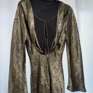 H&M Metallic Long Sleeve midi Dress shimmery fabric olive green  and black  NEW